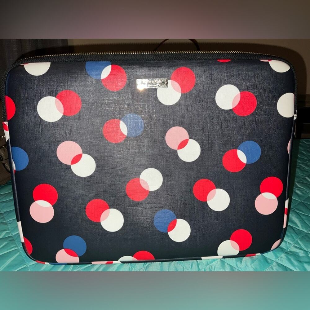 Kate Spade Navy & Multicolor Polka Dot Zippered Leather Laptop Case EUC upto 14”